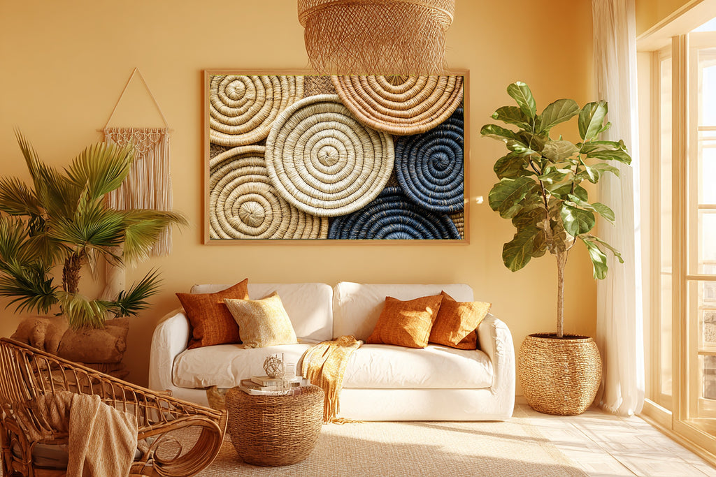 Afrobohemian Senegalese Basket Mosaic Canvas Print for the Bedroom, Golden Savanna Print, Cozy Neutral Palette, Move-In Gift Idea — afrobohemian-senegalese-basket-mosaic-room-5-wall-art.jpg