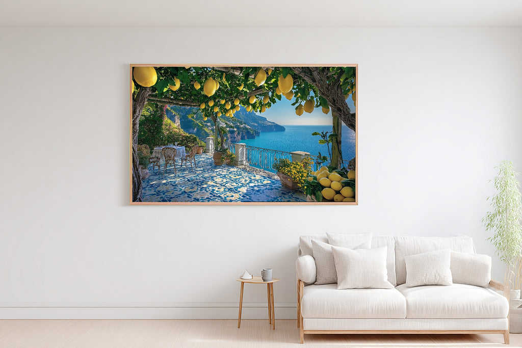 Amalfi Coast Lemon Terrace Print on Stretched Canvas — Stunning Cozy Studio for the Living Room, Gift for the Art Lover in Your Life — amalfi-coast-lemon-terrace-bedroom-wall-art.jpg