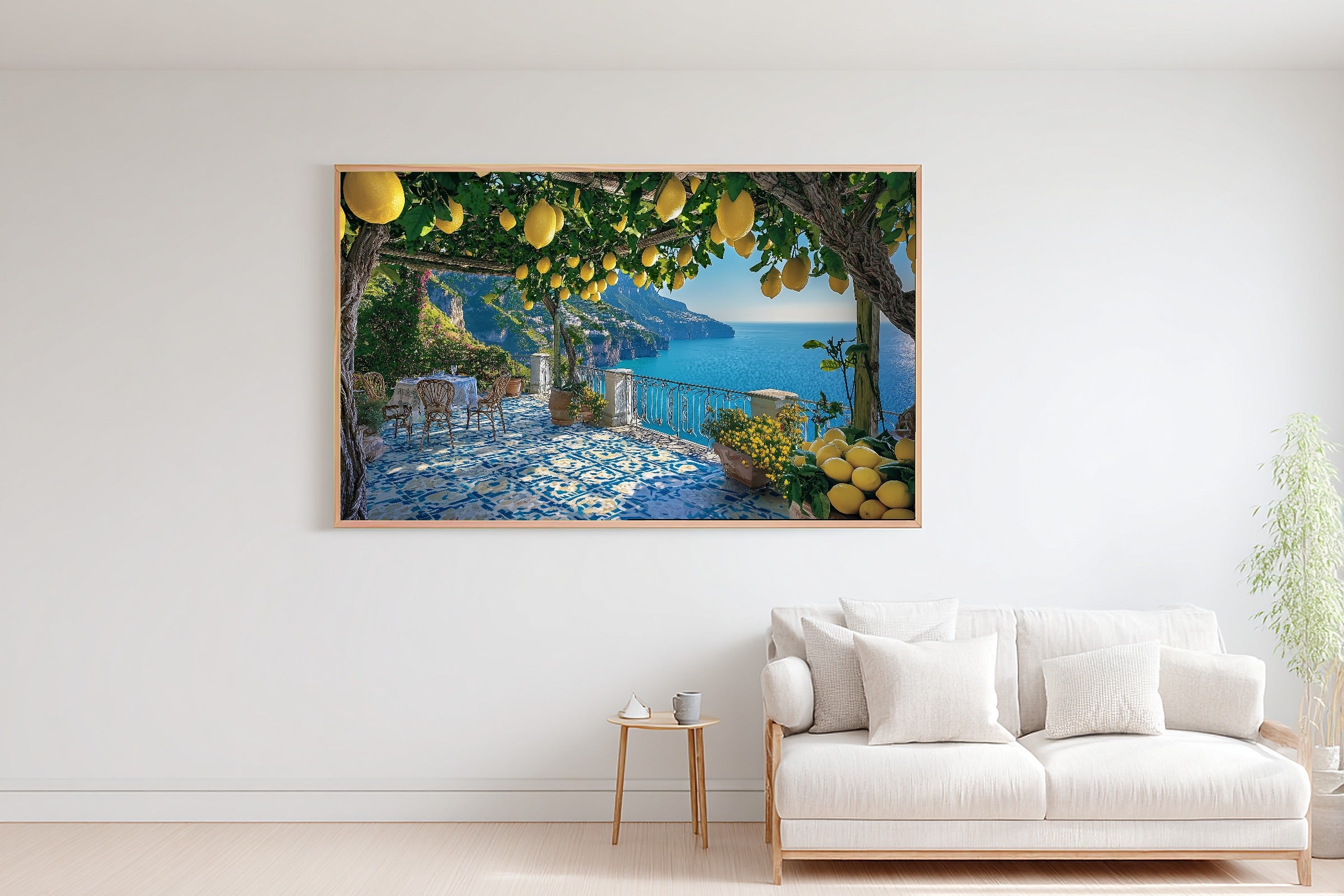 Amalfi Coast Lemon Terrace Print on Stretched Canvas — Stunning Cozy Studio for the Living Room, Gift for the Art Lover in Your Life — amalfi-coast-lemon-terrace-bedroom-wall-art.jpg