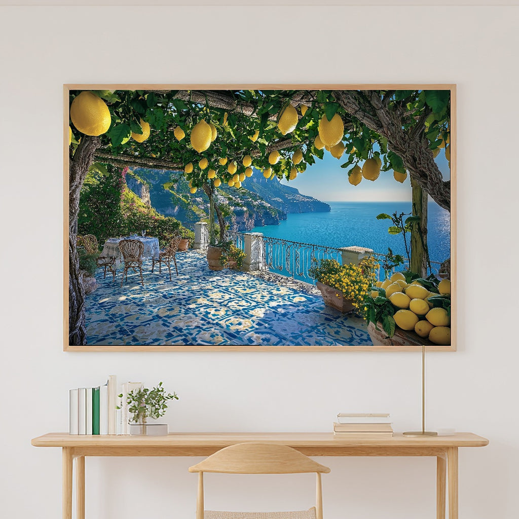 Amalfi Coast Lemon Terrace Print on Stretched Canvas — Stunning Cozy Studio for the Living Room, Gift for the Art Lover in Your Life — amalfi-coast-lemon-terrace-canvas-print.jpg
