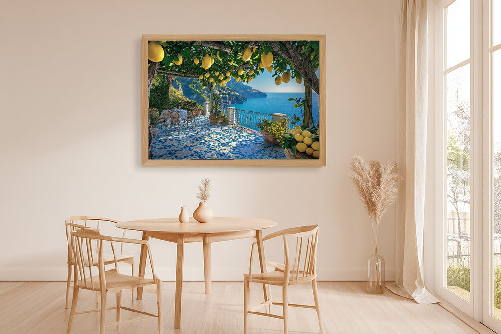 Amalfi Coast Lemon Terrace Print on Stretched Canvas — Stunning Cozy Studio for the Living Room, Gift for the Art Lover in Your Life — amalfi-coast-lemon-terrace-dining-room-wall-art.jpg