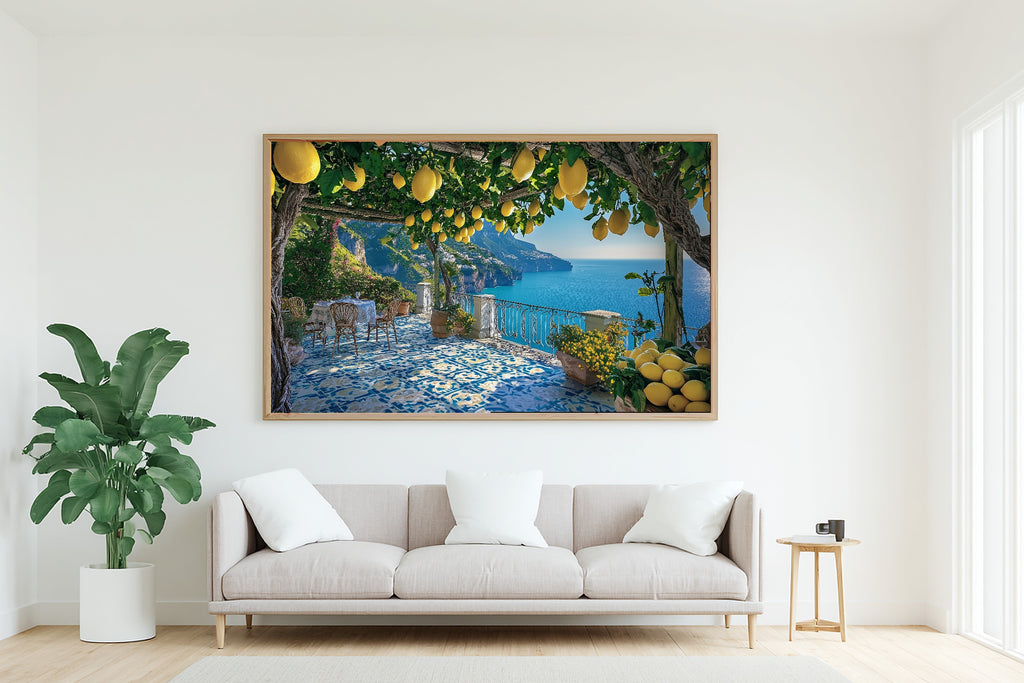 Amalfi Coast Lemon Terrace Print on Stretched Canvas — Stunning Cozy Studio for the Living Room, Gift for the Art Lover in Your Life — amalfi-coast-lemon-terrace-living-room-wall-art.jpg