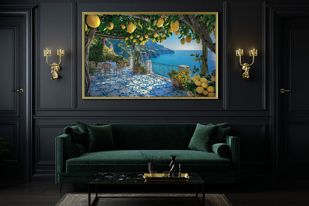 Amalfi Coast Lemon Terrace Print on Stretched Canvas — Stunning Cozy Studio for the Living Room, Gift for the Art Lover in Your Life — amalfi-coast-lemon-terrace-office-wall-art.jpg