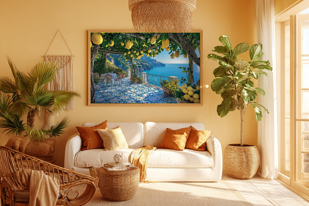 Amalfi Coast Lemon Terrace Print on Stretched Canvas — Stunning Cozy Studio for the Living Room, Gift for the Art Lover in Your Life — amalfi-coast-lemon-terrace-room-5-wall-art.jpg