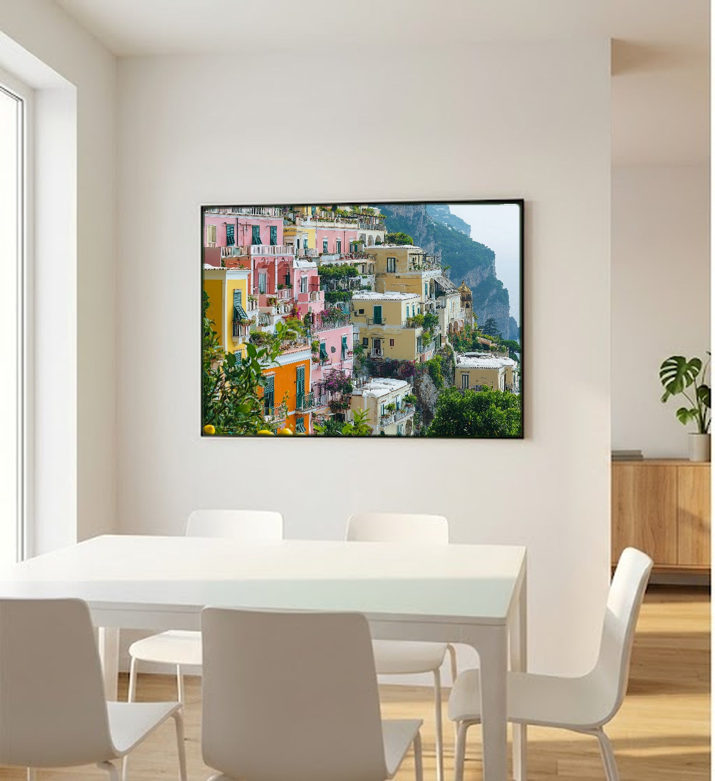 Positano Canvas Wall Art | Amalfi Coast Italy Print, Mediterranean Decor, Colorful Decor, Stretched Canvas — amalfi-coast-positano-bedroom-wall-art.jpg