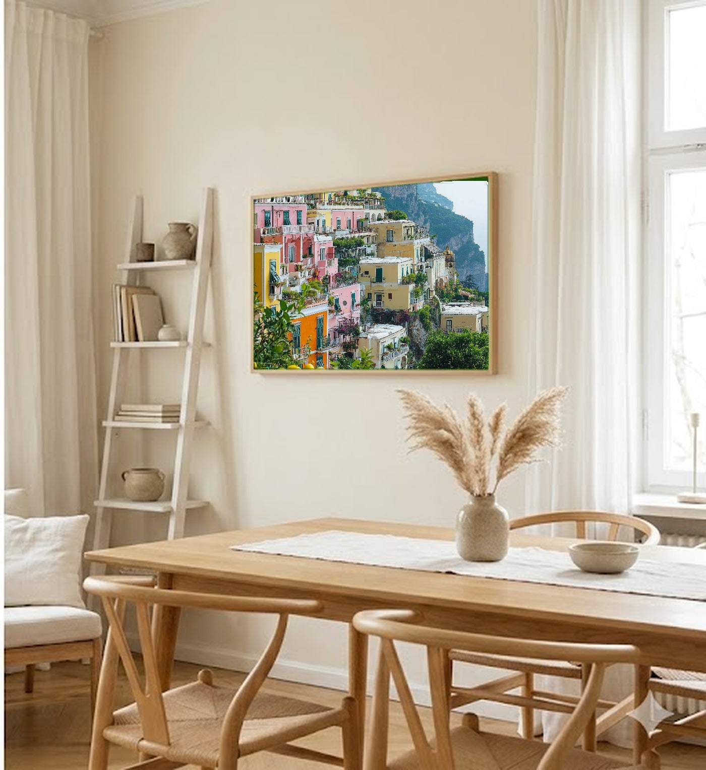 Positano Canvas Wall Art | Amalfi Coast Italy Print, Mediterranean Decor, Colorful Decor, Stretched Canvas — amalfi-coast-positano-dining-room-wall-art.jpg