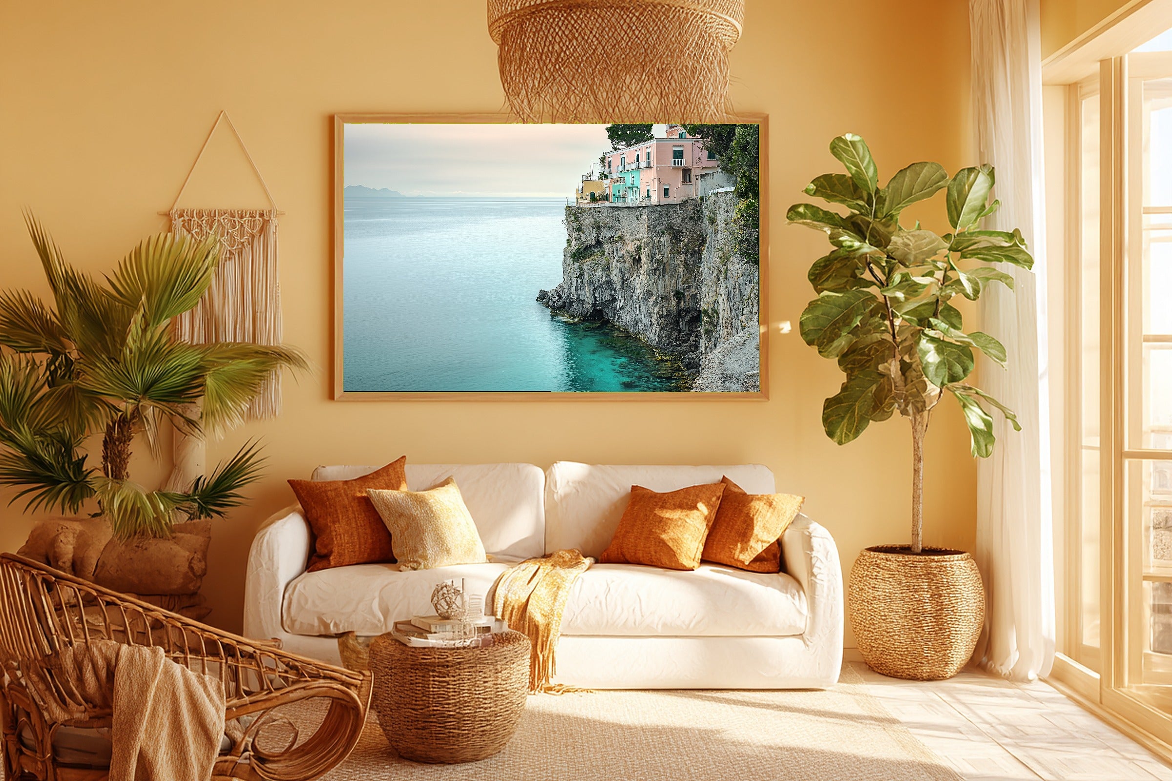 Hand-picked Amalfi Coast Sunset Minimal Giclée Print — Cozy Warm Gallery for the Living Room, Ready-to-Hang Art Lover in Your Life Gift — amalfi-coast-sunset-minimal-room-5-wall-art.jpg