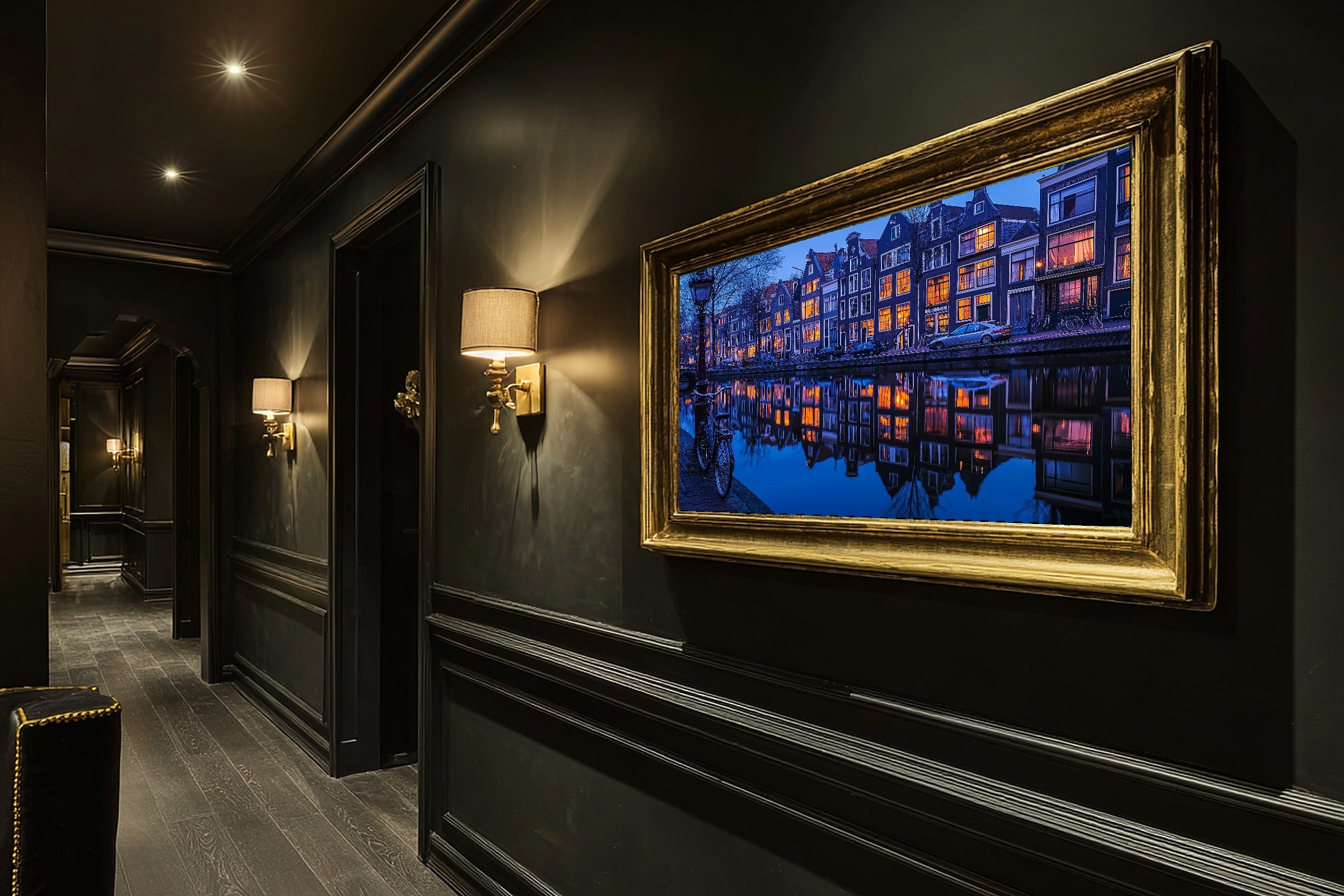 A Dreamy Amsterdam Canal Dusk Warm Old-Town Print — Stunning Wall Art for the Modern Loft, Giclée on Canvas — amsterdam-canal-dusk-hallway-wall-art.jpg