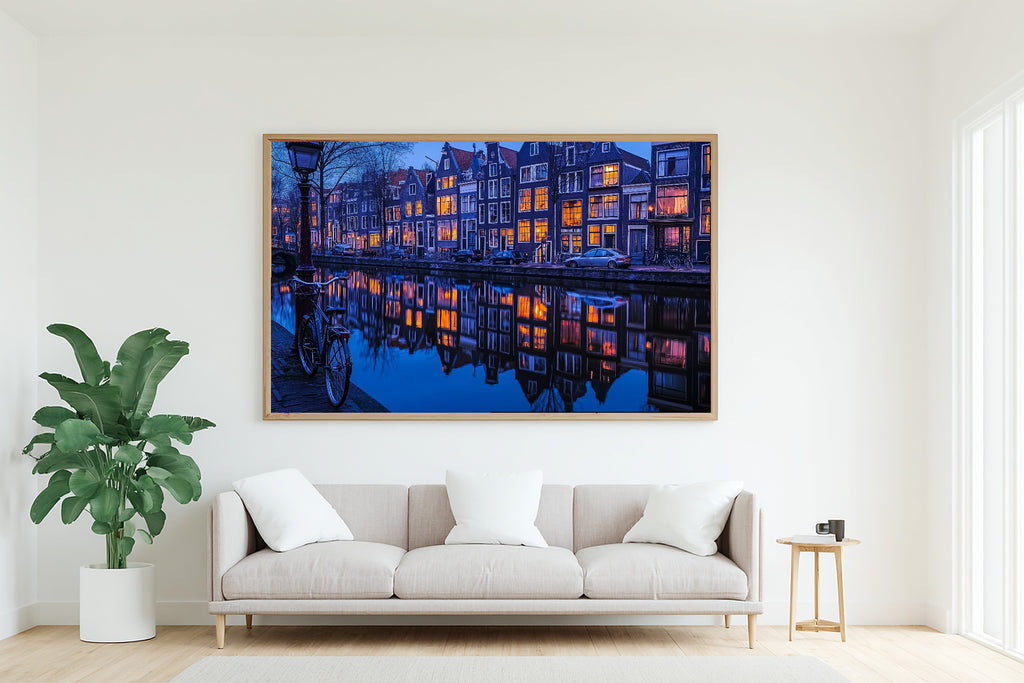 A Dreamy Amsterdam Canal Dusk Warm Old-Town Print — Stunning Wall Art for the Modern Loft, Giclée on Canvas — amsterdam-canal-dusk-living-room-wall-art.jpg