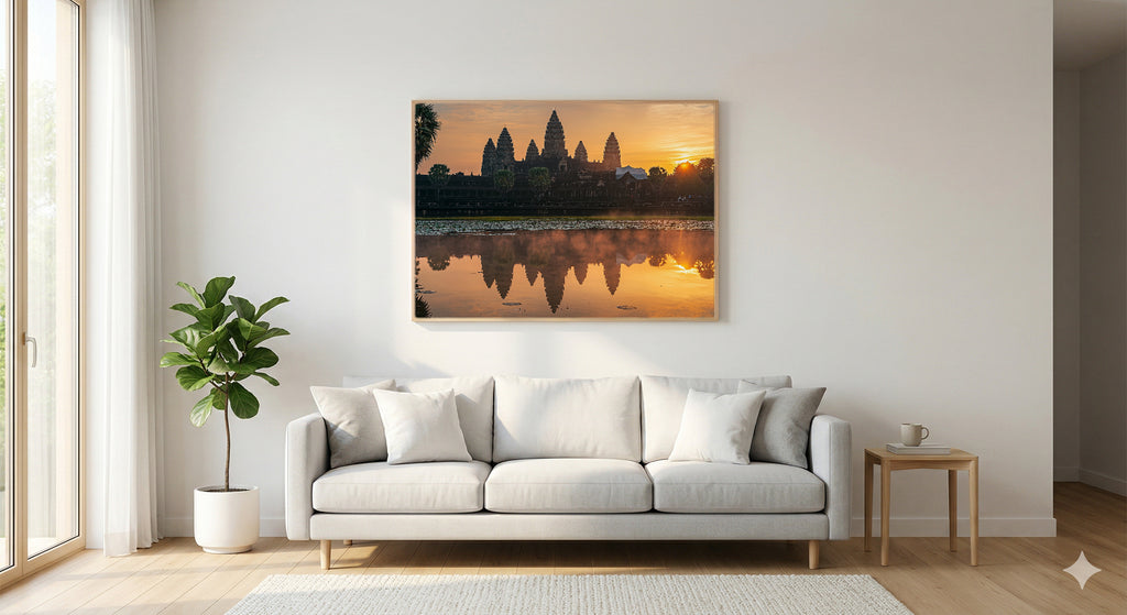 Angkor Wat Canvas Wall Art | Cambodia Sunrise Print, Ancient Temple, Asian Decor, Stretched Canvas — angkor-wat-sunrise-living-room-wall-art.jpg