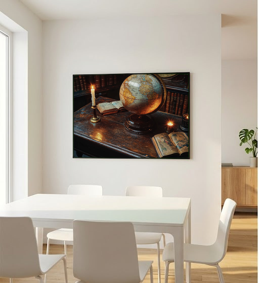 Antique Globe Canvas Wall Art | Candlelit Scholar Desk Print, Dark Academia Decor, Stretched Canvas — antique-globe-candle-desk-bedroom-wall-art.jpg
