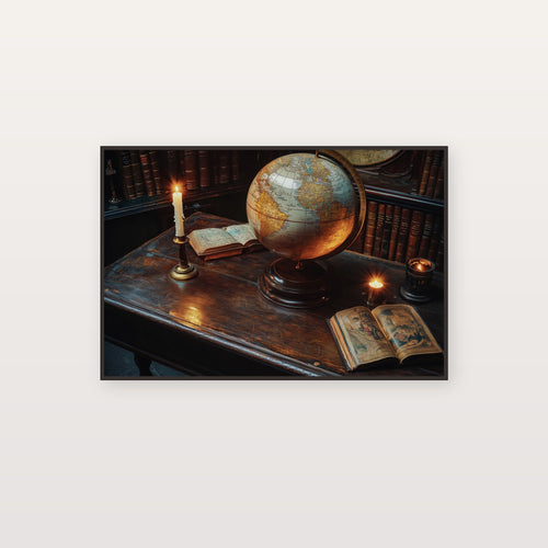 Antique Globe Canvas Wall Art | Candlelit Scholar Desk Print, Dark Academia Decor, Stretched Canvas — antique-globe-candle-desk-canvas-print.jpg