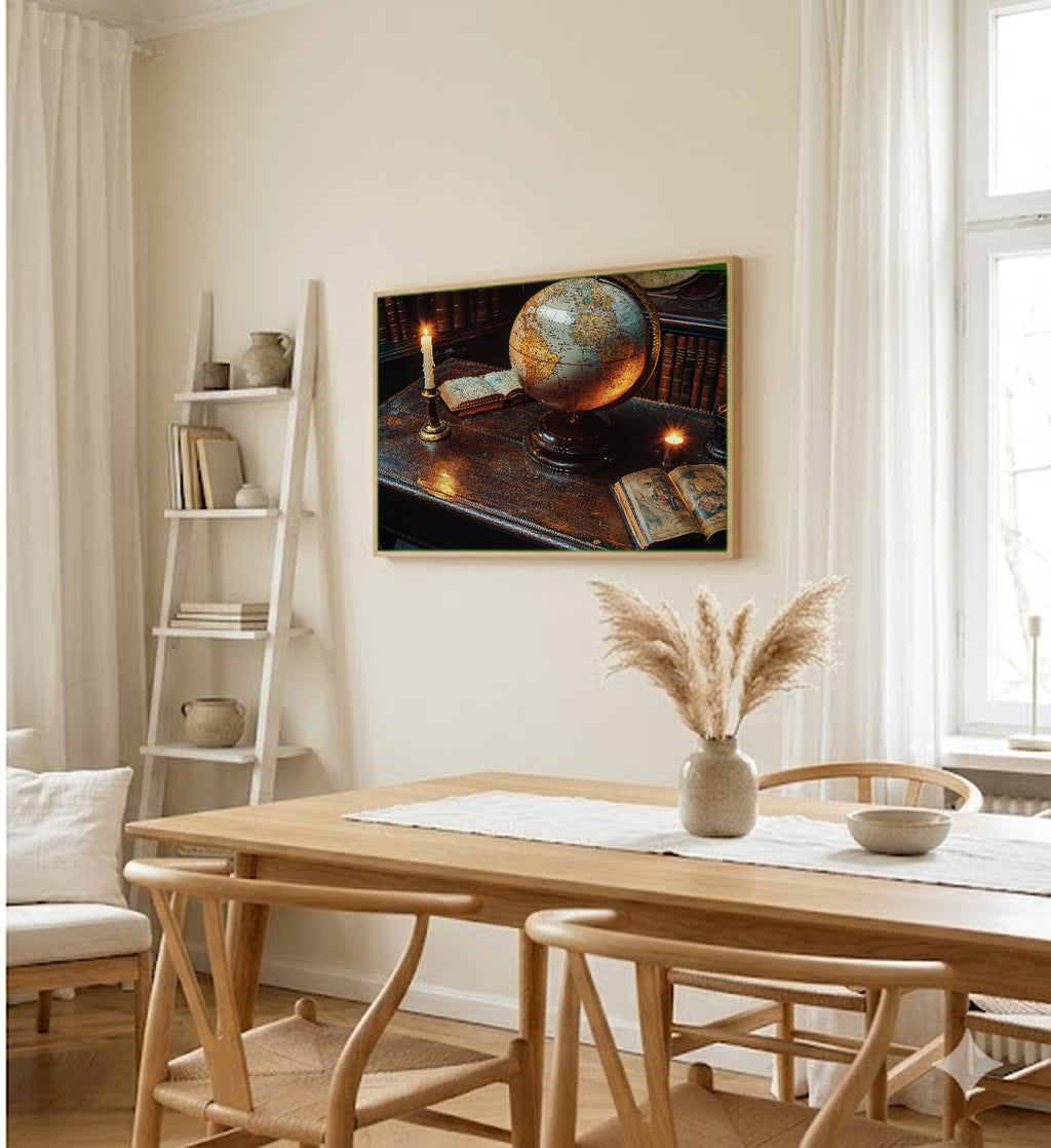 Antique Globe Canvas Wall Art | Candlelit Scholar Desk Print, Dark Academia Decor, Stretched Canvas — antique-globe-candle-desk-dining-room-wall-art.jpg