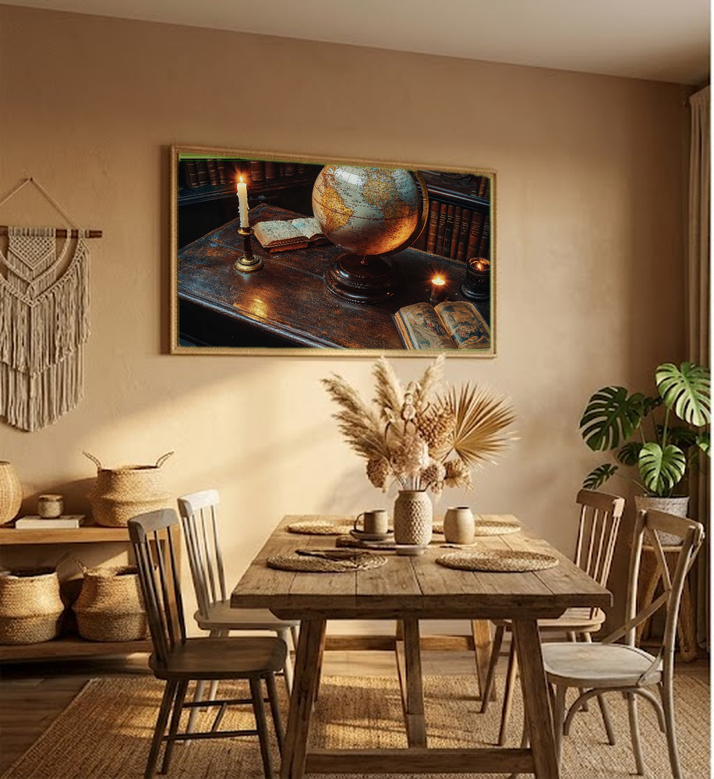 Antique Globe Canvas Wall Art | Candlelit Scholar Desk Print, Dark Academia Decor, Stretched Canvas — antique-globe-candle-desk-hallway-wall-art.jpg