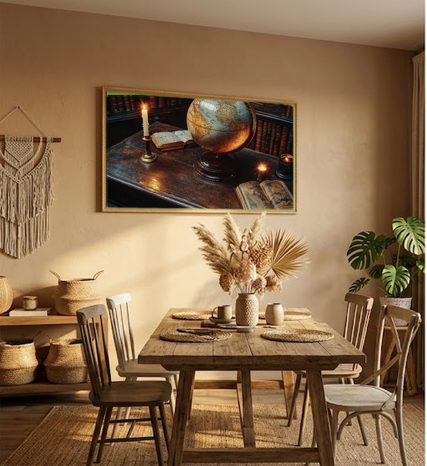 Antique Globe Canvas Wall Art | Candlelit Scholar Desk Print, Dark Academia Decor, Stretched Canvas — antique-globe-candle-desk-hallway-wall-art.jpg