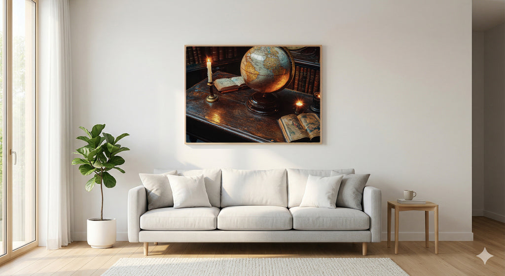 Antique Globe Canvas Wall Art | Candlelit Scholar Desk Print, Dark Academia Decor, Stretched Canvas — antique-globe-candle-desk-living-room-wall-art.jpg