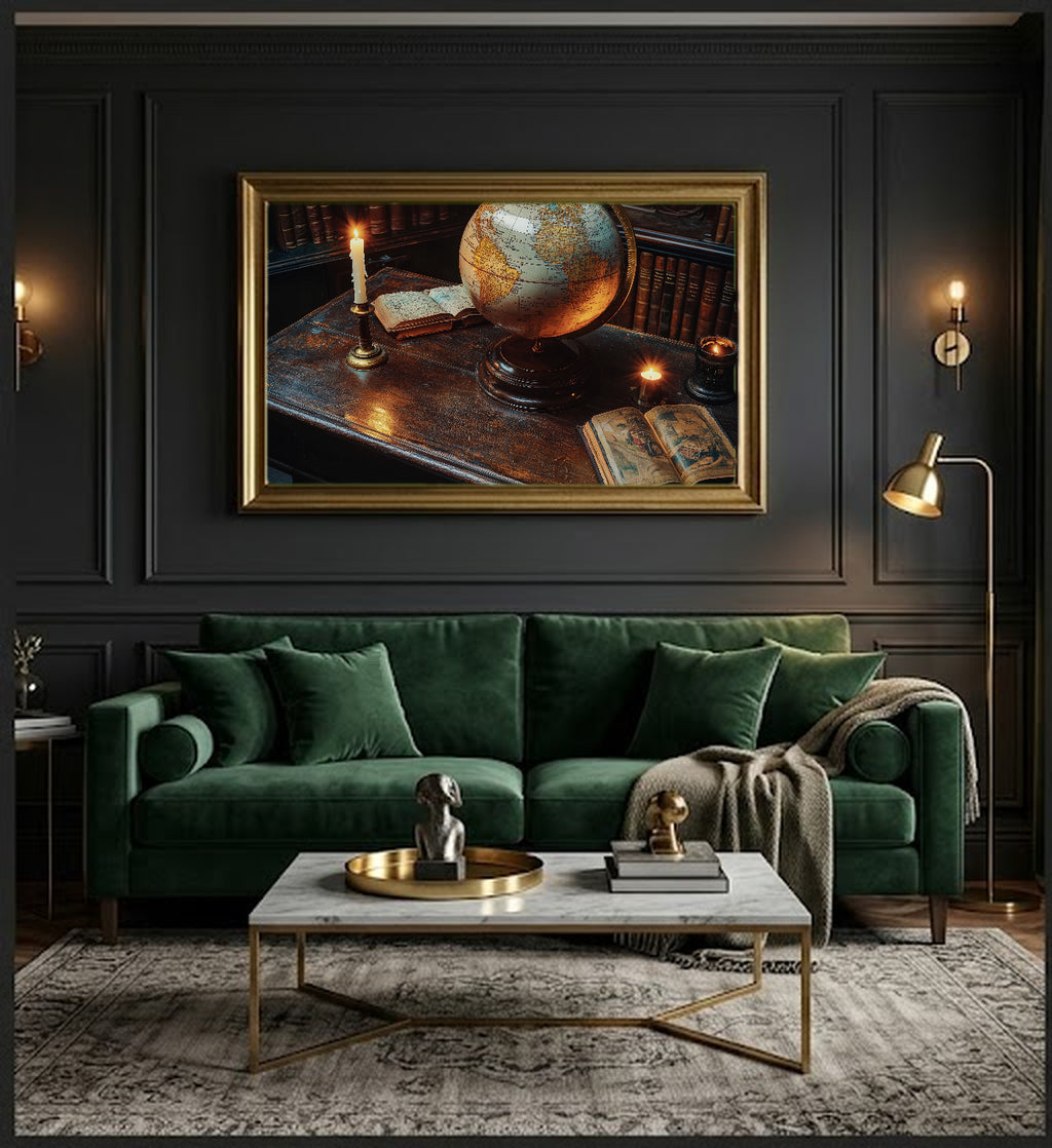 Antique Globe Canvas Wall Art | Candlelit Scholar Desk Print, Dark Academia Decor, Stretched Canvas — antique-globe-candle-desk-office-wall-art.jpg