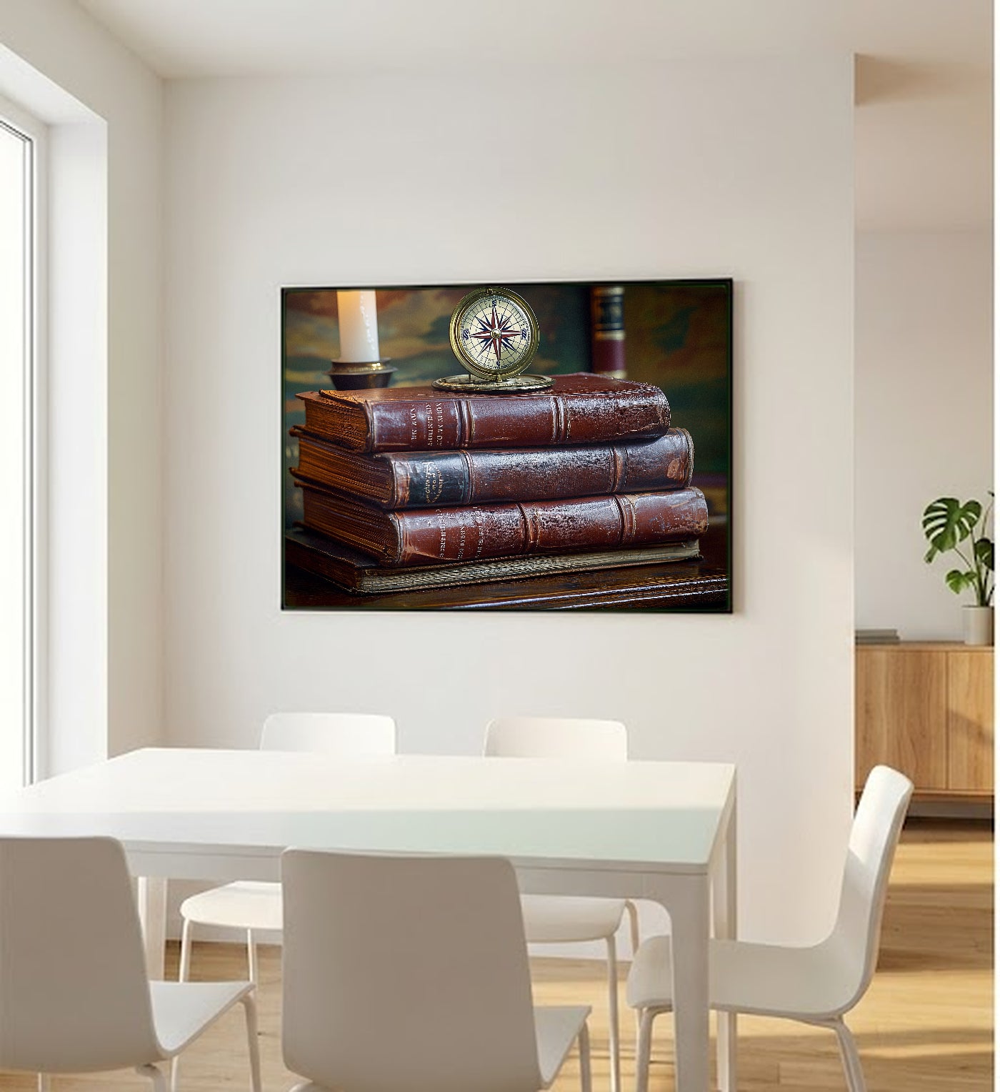 Antique Books Canvas Wall Art | Brass Compass Still Life Print, Dark Academia Library Decor, Stretched Canvas — antique-leather-books-compass-bedroom-wall-art.jpg