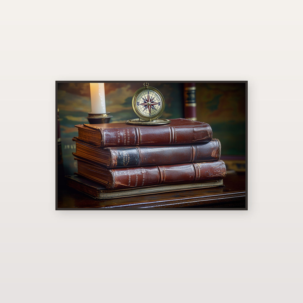 Antique Books Canvas Wall Art | Brass Compass Still Life Print, Dark Academia Library Decor, Stretched Canvas — antique-leather-books-compass-canvas-print.jpg
