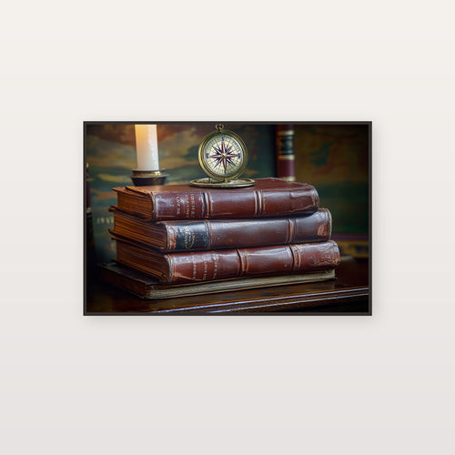 Antique Books Canvas Wall Art | Brass Compass Still Life Print, Dark Academia Library Decor, Stretched Canvas — antique-leather-books-compass-canvas-print.jpg