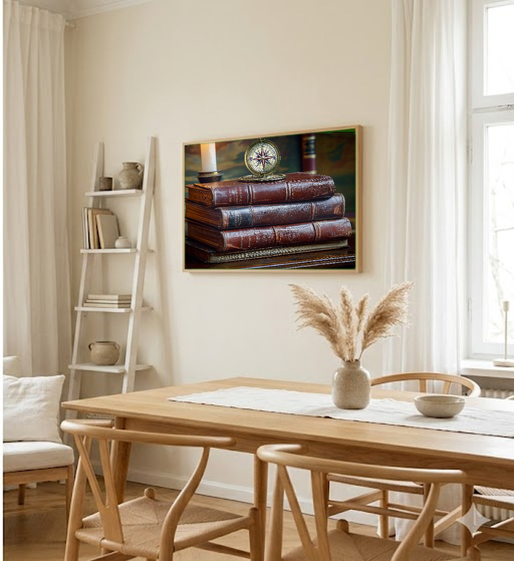 Antique Books Canvas Wall Art | Brass Compass Still Life Print, Dark Academia Library Decor, Stretched Canvas — antique-leather-books-compass-dining-room-wall-art.jpg