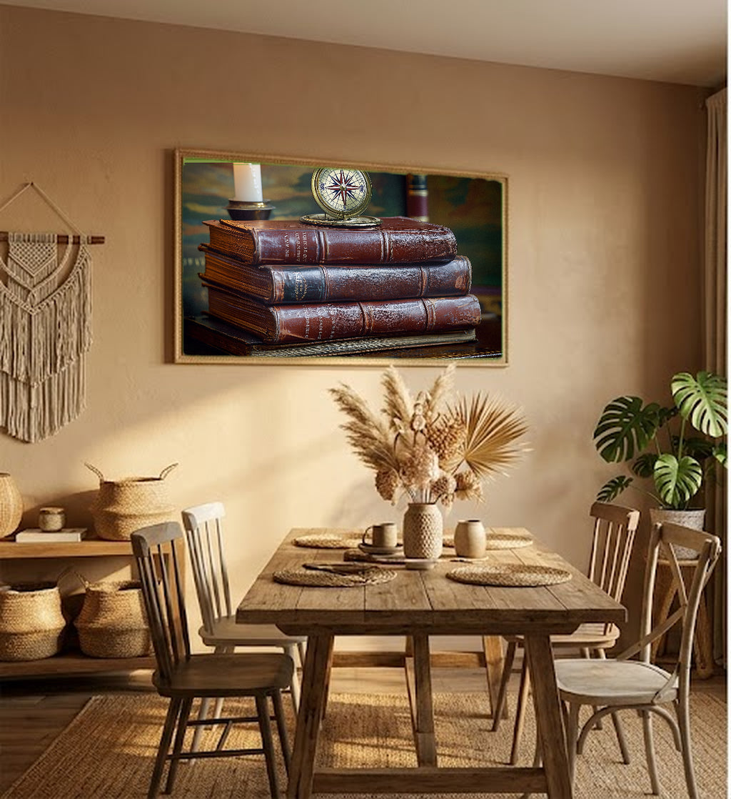 Antique Books Canvas Wall Art | Brass Compass Still Life Print, Dark Academia Library Decor, Stretched Canvas — antique-leather-books-compass-hallway-wall-art.jpg