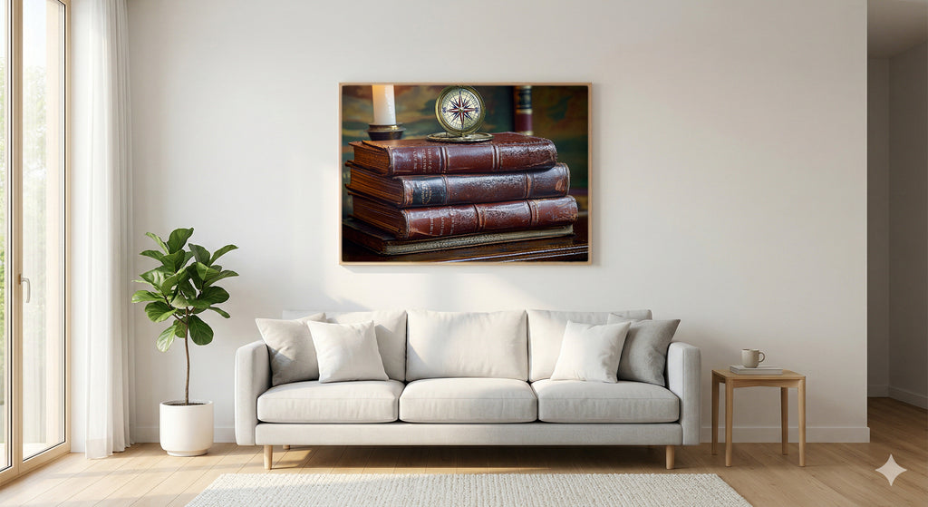 Antique Books Canvas Wall Art | Brass Compass Still Life Print, Dark Academia Library Decor, Stretched Canvas — antique-leather-books-compass-living-room-wall-art.jpg
