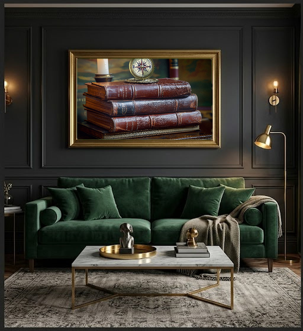 Antique Books Canvas Wall Art | Brass Compass Still Life Print, Dark Academia Library Decor, Stretched Canvas — antique-leather-books-compass-office-wall-art.jpg