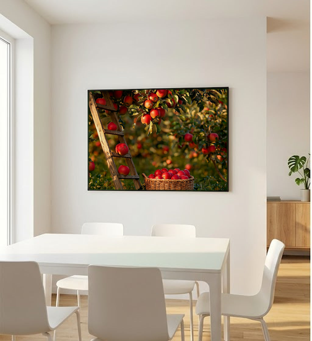 Apple Orchard Canvas Wall Art | Ladder Basket Still Life Print, New England Fall Decor, Stretched Canvas — apple-orchard-ladder-basket-bedroom-wall-art.jpg