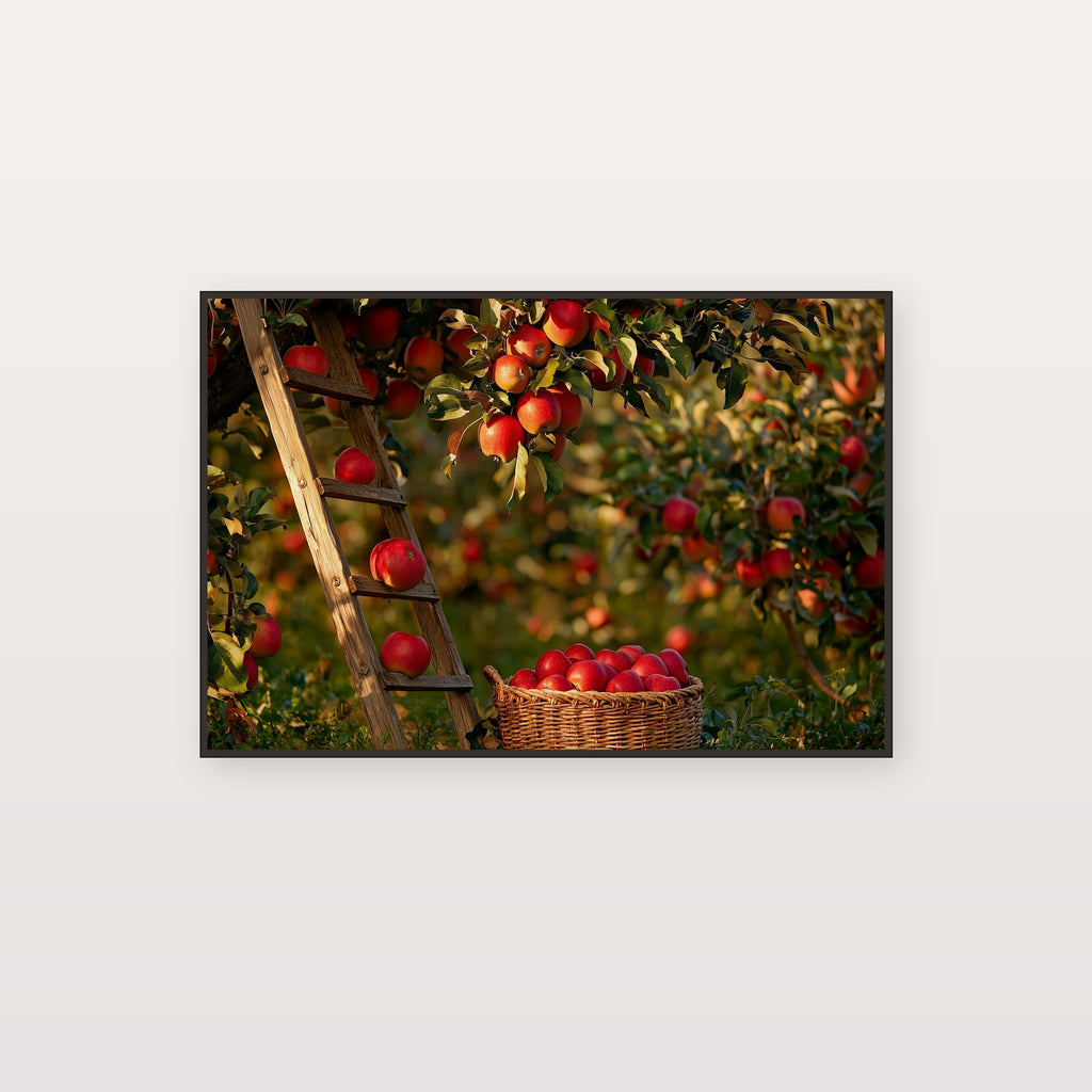 Apple Orchard Canvas Wall Art | Ladder Basket Still Life Print, New England Fall Decor, Stretched Canvas — apple-orchard-ladder-basket-canvas-print.jpg