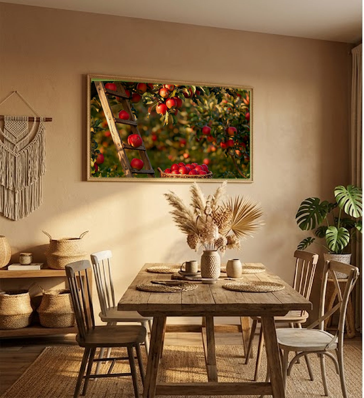 Apple Orchard Canvas Wall Art | Ladder Basket Still Life Print, New England Fall Decor, Stretched Canvas — apple-orchard-ladder-basket-hallway-wall-art.jpg