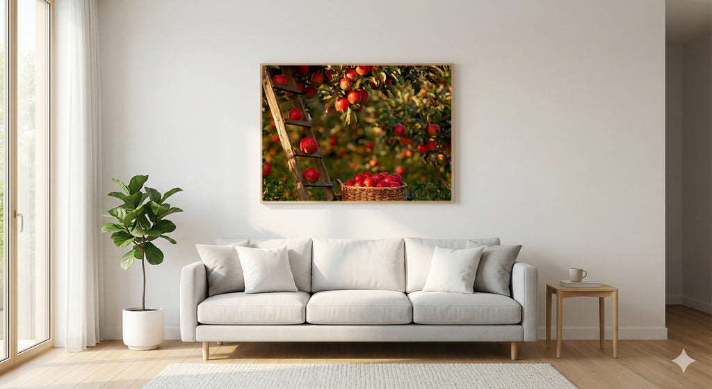 Apple Orchard Canvas Wall Art | Ladder Basket Still Life Print, New England Fall Decor, Stretched Canvas — apple-orchard-ladder-basket-living-room-wall-art.jpg