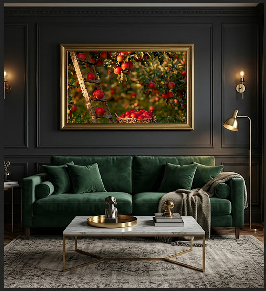 Apple Orchard Canvas Wall Art | Ladder Basket Still Life Print, New England Fall Decor, Stretched Canvas — apple-orchard-ladder-basket-office-wall-art.jpg