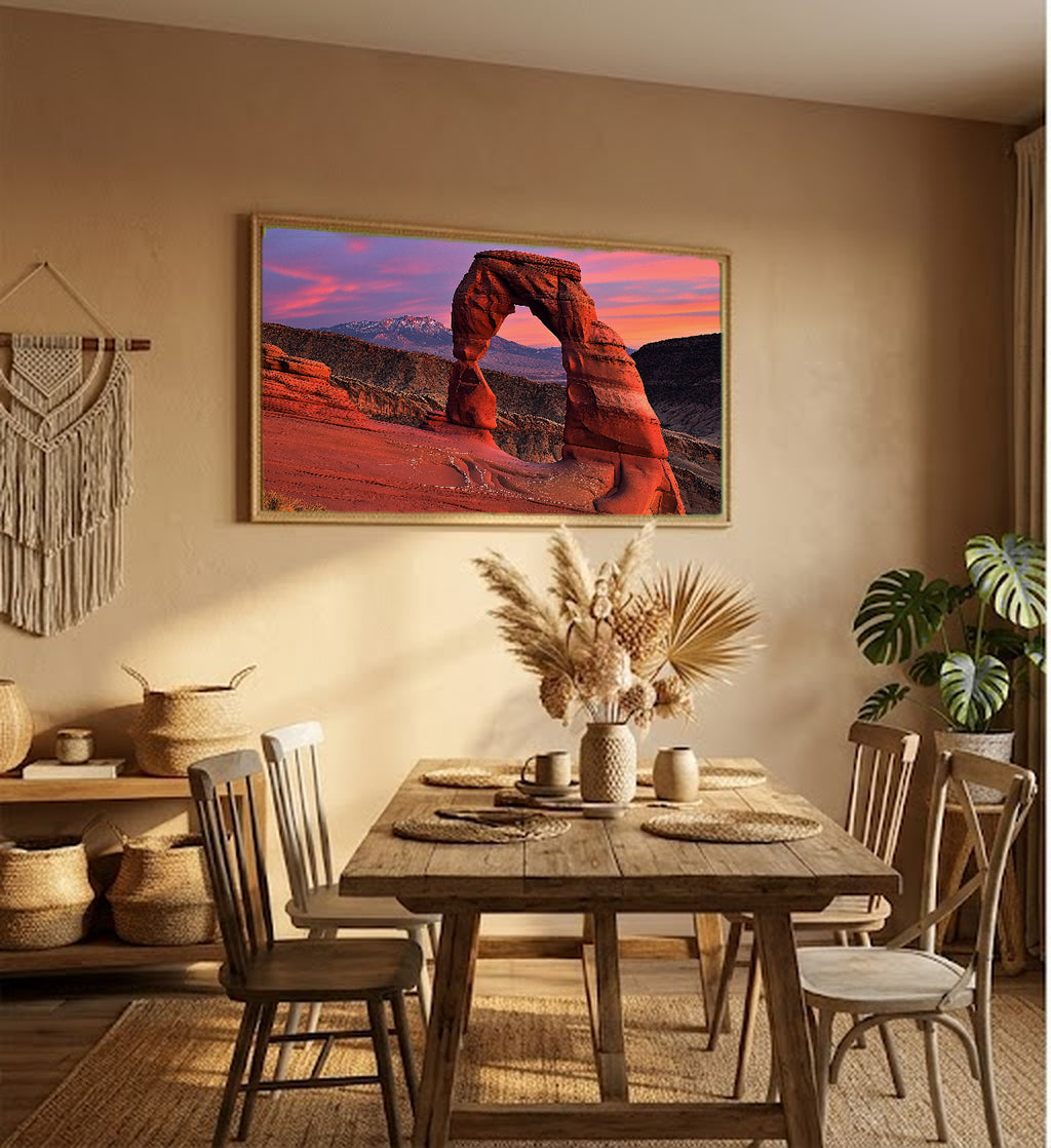 Arches National Park Canvas Wall Art | Delicate Arch Sunset Print, Utah Desert, Nature Decor, Stretched Canvas — arches-delicate-sunset-hallway-wall-art.jpg