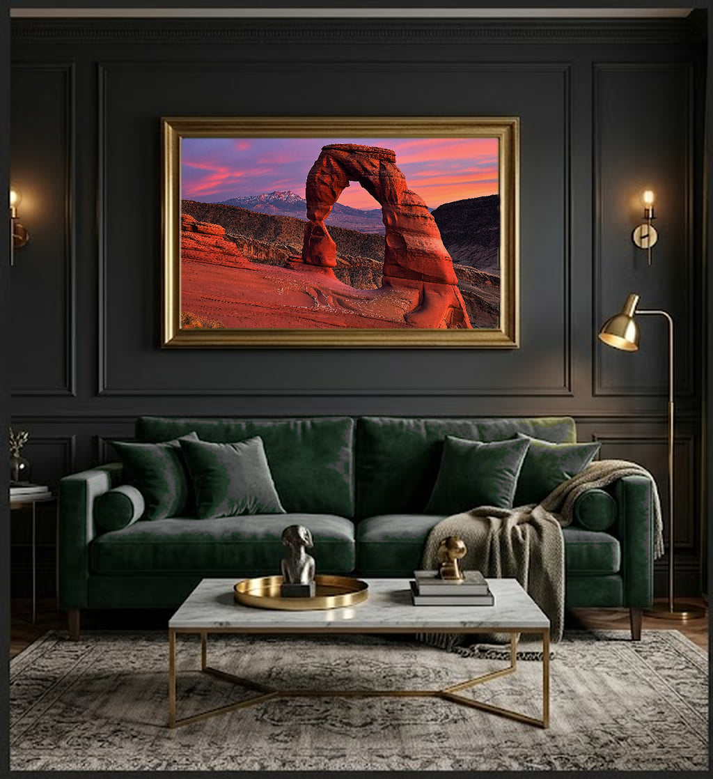 Arches National Park Canvas Wall Art | Delicate Arch Sunset Print, Utah Desert, Nature Decor, Stretched Canvas — arches-delicate-sunset-office-wall-art.jpg