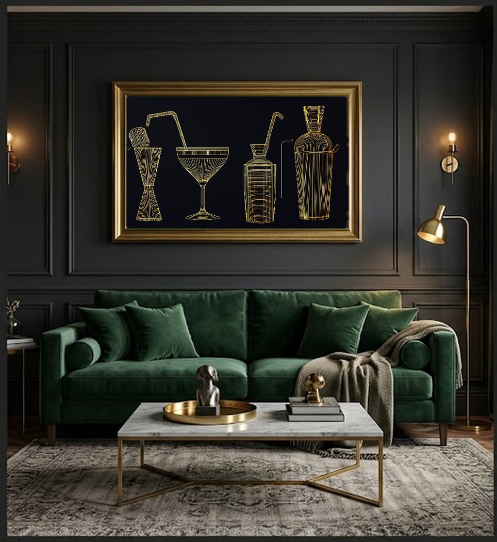 Art Deco Cocktail Canvas Wall Art | Coupe Shaker Gold Line Print, Bar Cart Decor, Stretched Canvas — art-deco-coupe-shaker-office-wall-art.jpg