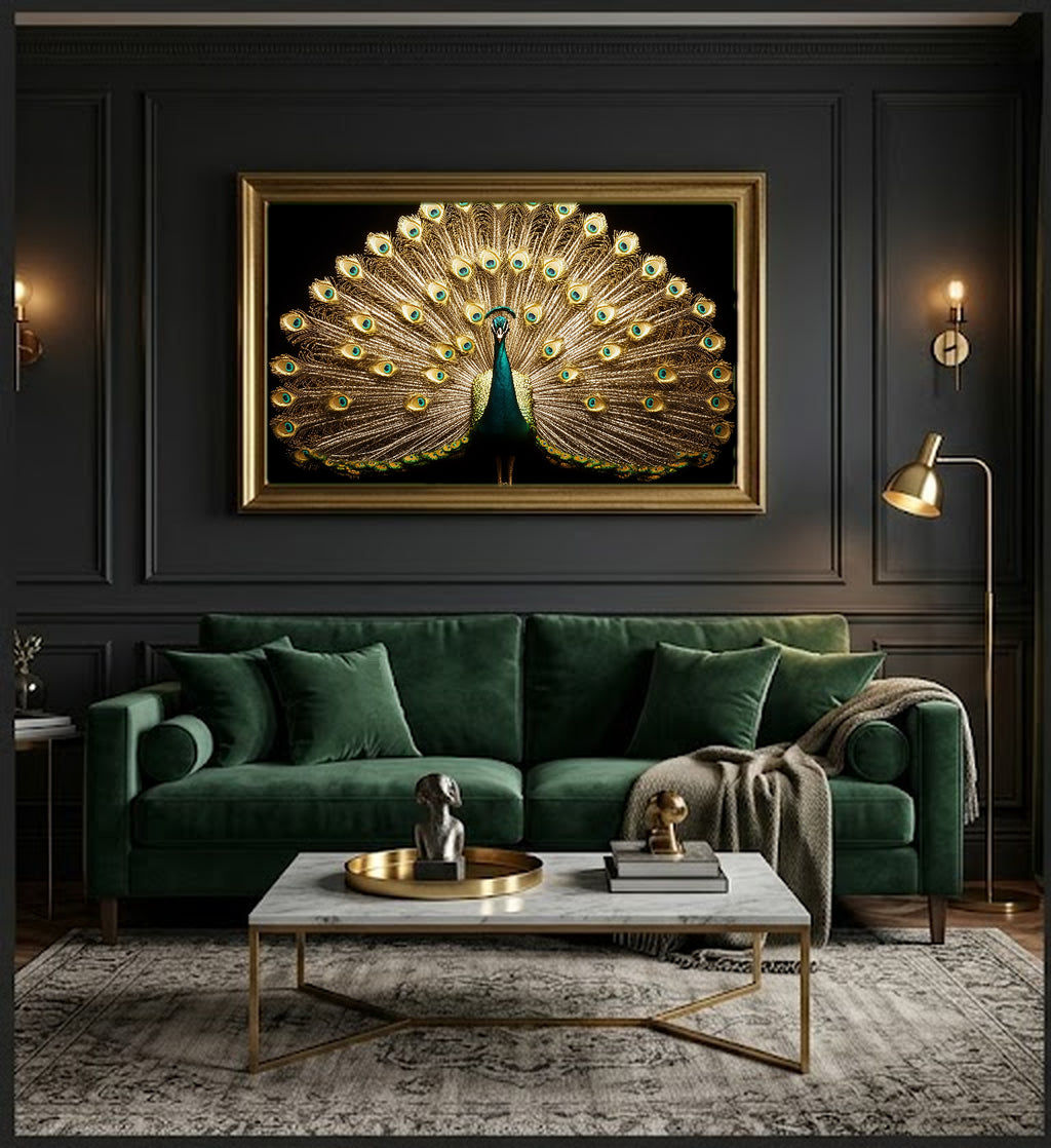 Art Deco Peacock Canvas Wall Art | Gold Emerald Fan Print, Opera Core Glamour Decor, Stretched Canvas — art-deco-peacock-fan-office-wall-art.jpg