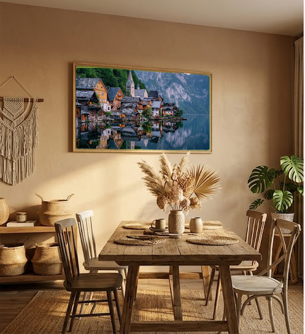 Hallstatt Canvas Wall Art | Austria Lake Village Print, Alpine Landscape, European Decor, Stretched Canvas — austria-hallstatt-hallway-wall-art.jpg