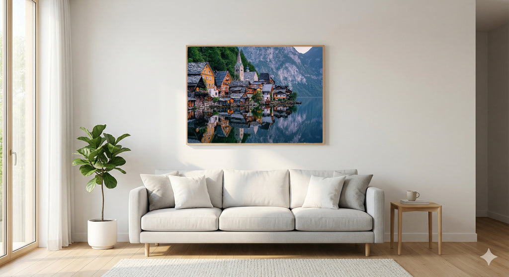 Hallstatt Canvas Wall Art | Austria Lake Village Print, Alpine Landscape, European Decor, Stretched Canvas — austria-hallstatt-living-room-wall-art.jpg