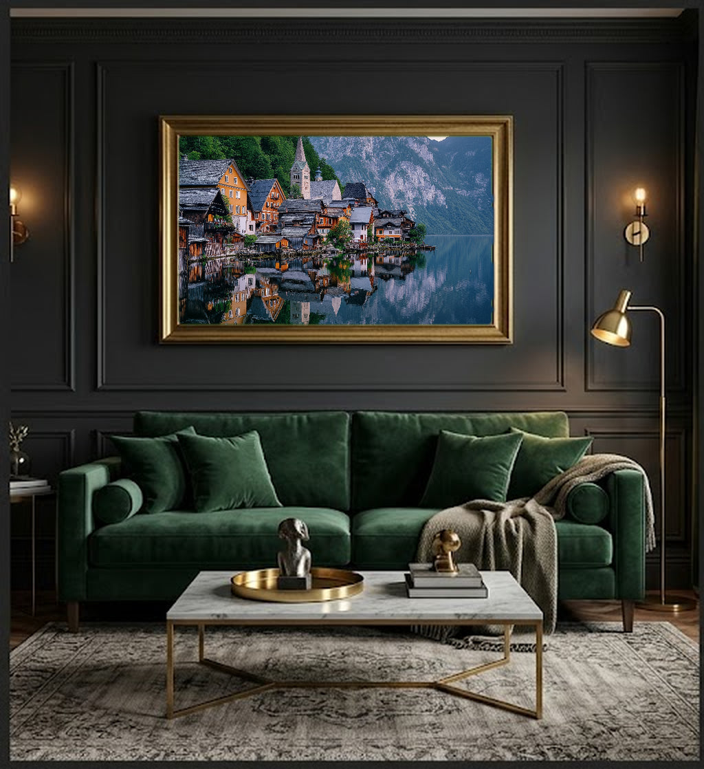 Hallstatt Canvas Wall Art | Austria Lake Village Print, Alpine Landscape, European Decor, Stretched Canvas — austria-hallstatt-office-wall-art.jpg