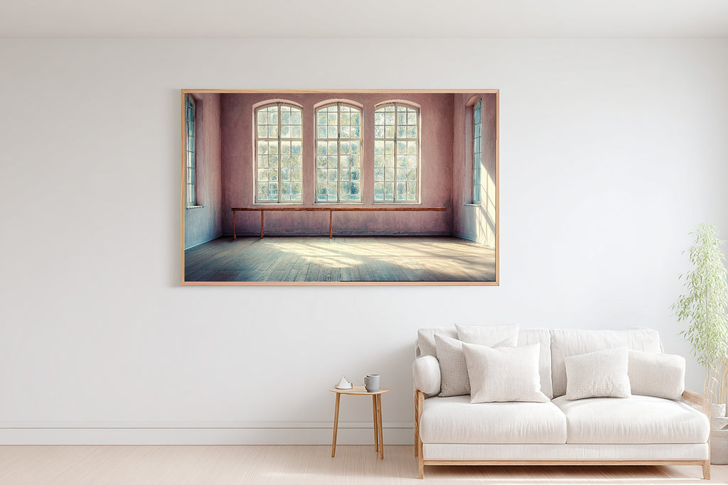 A Dreamy Ballet Barre Studio Pastel Dreamy Timeless Print — Moody Wall Art for the Living Room, Giclée on Canvas — ballet-barre-studio-pastel-bedroom-wall-art.jpg