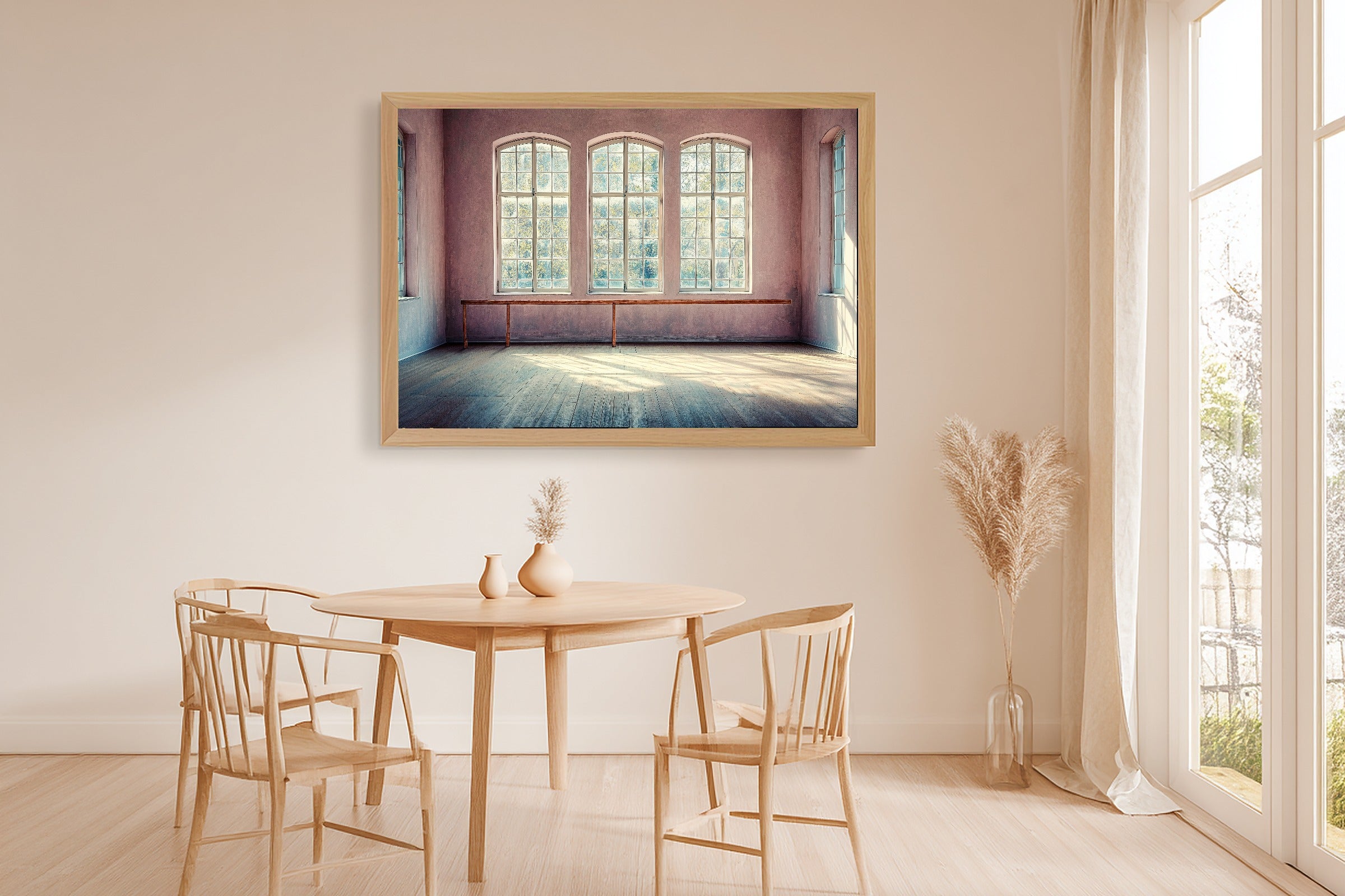 A Dreamy Ballet Barre Studio Pastel Dreamy Timeless Print — Moody Wall Art for the Living Room, Giclée on Canvas — ballet-barre-studio-pastel-dining-room-wall-art.jpg