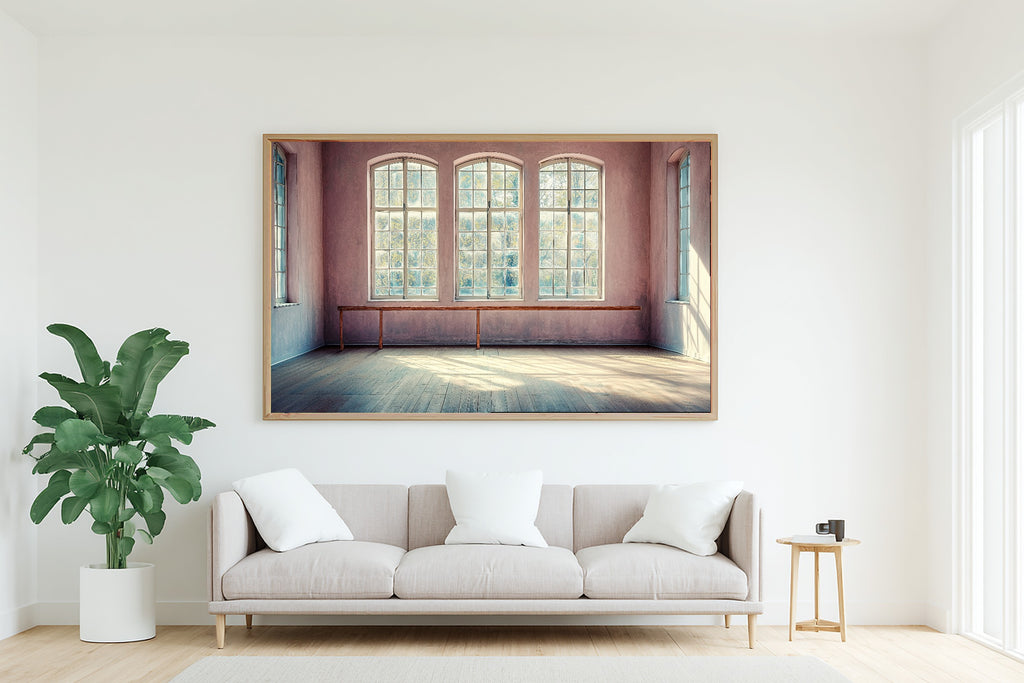 A Dreamy Ballet Barre Studio Pastel Dreamy Timeless Print — Moody Wall Art for the Living Room, Giclée on Canvas — ballet-barre-studio-pastel-living-room-wall-art.jpg