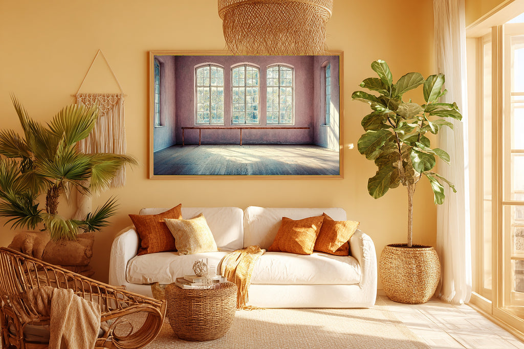 A Dreamy Ballet Barre Studio Pastel Dreamy Timeless Print — Moody Wall Art for the Living Room, Giclée on Canvas — ballet-barre-studio-pastel-room-5-wall-art.jpg