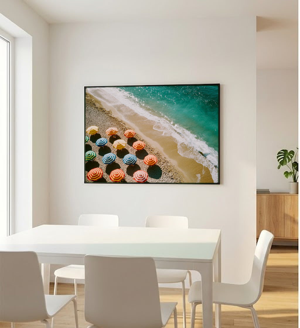 Beach Umbrella Canvas Wall Art | Aerial Rows Print, Coastal Summer Decor, Stretched Canvas — beach-umbrella-rows-bedroom-wall-art.jpg