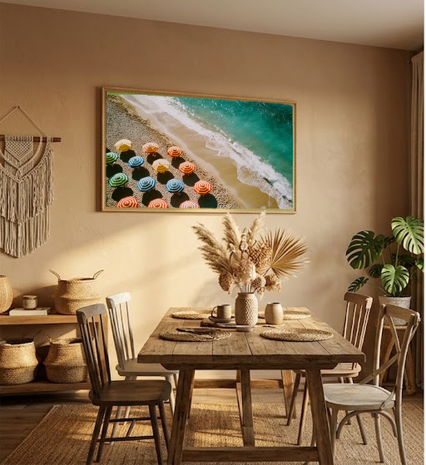 Beach Umbrella Canvas Wall Art | Aerial Rows Print, Coastal Summer Decor, Stretched Canvas — beach-umbrella-rows-hallway-wall-art.jpg