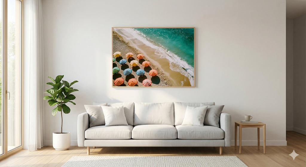 Beach Umbrella Canvas Wall Art | Aerial Rows Print, Coastal Summer Decor, Stretched Canvas — beach-umbrella-rows-living-room-wall-art.jpg
