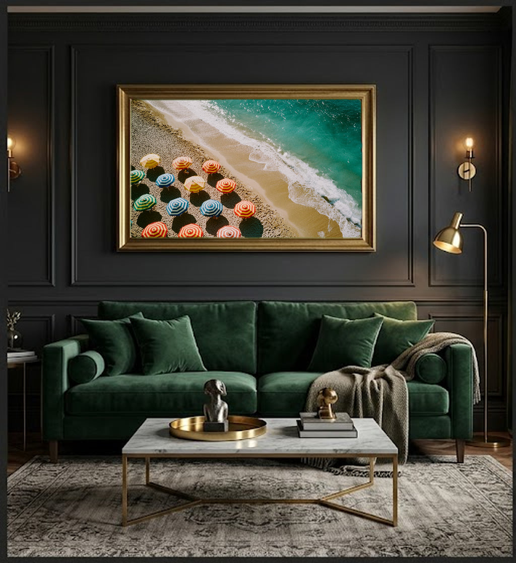 Beach Umbrella Canvas Wall Art | Aerial Rows Print, Coastal Summer Decor, Stretched Canvas — beach-umbrella-rows-office-wall-art.jpg