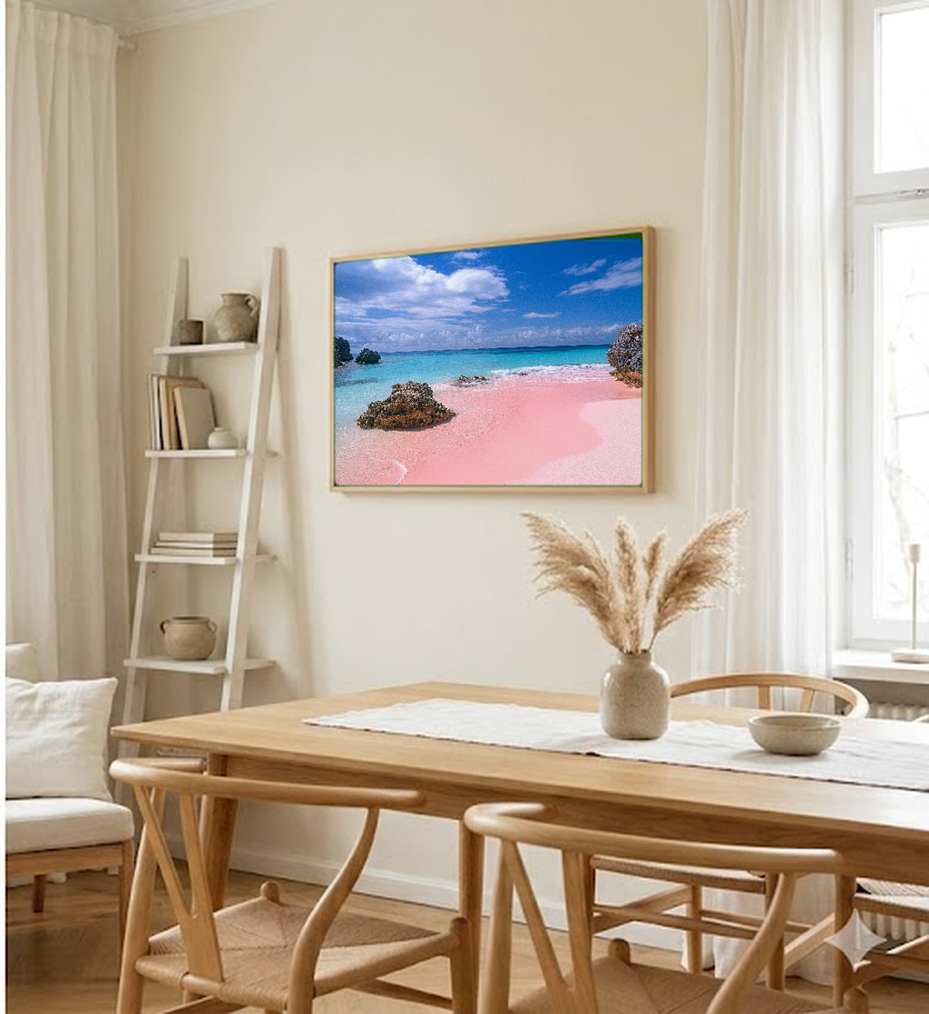 Bermuda Canvas Wall Art | Pink Sand Beach Print, Tropical Caribbean, Coastal Decor, Stretched Canvas — bermuda-pink-sand-dining-room-wall-art.jpg