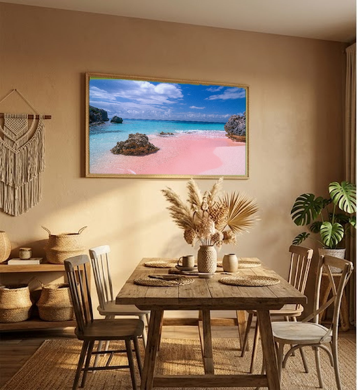 Bermuda Canvas Wall Art | Pink Sand Beach Print, Tropical Caribbean, Coastal Decor, Stretched Canvas — bermuda-pink-sand-hallway-wall-art.jpg